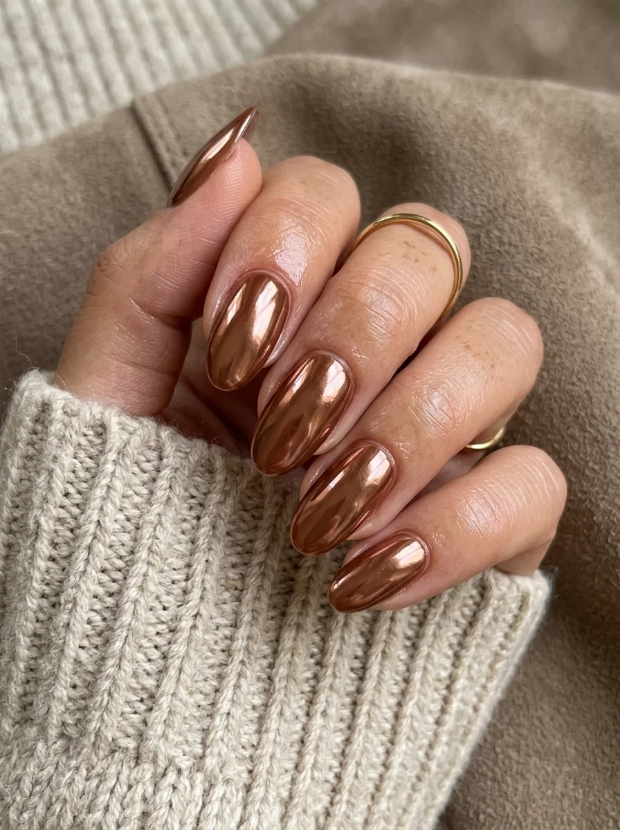 Almond nails with a warm copper or bronze chrome powder finish creating a reflective metallic surface.