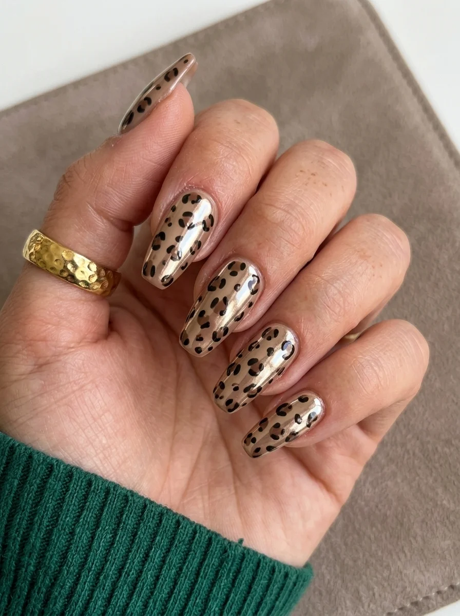 Square nails with a metallic champagne gold base and black leopard print spots covering all nails.