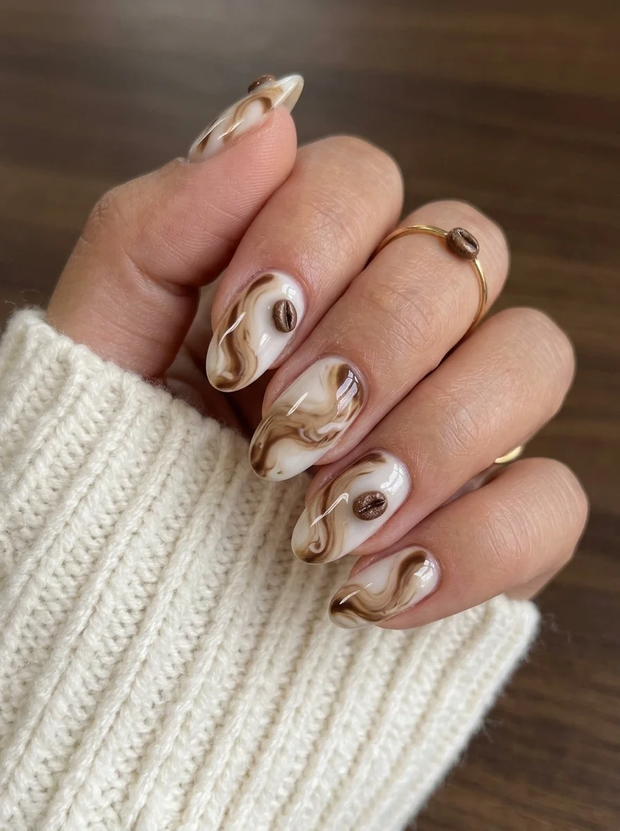 Almond nails with a white base and brown marble swirls featuring small 3D coffee bean charms on accent nails.