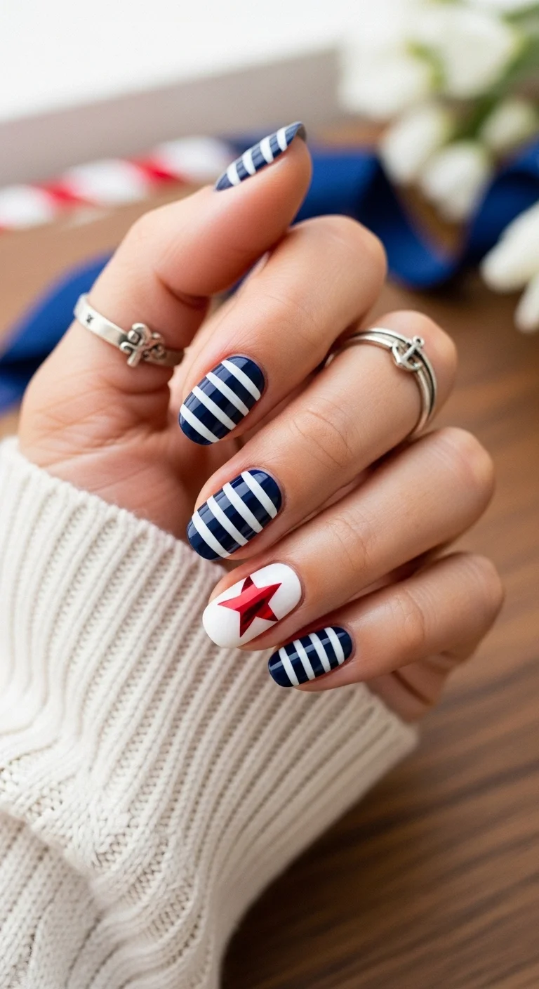 Navy and white striped nails with a single white accent nail featuring a large red star.