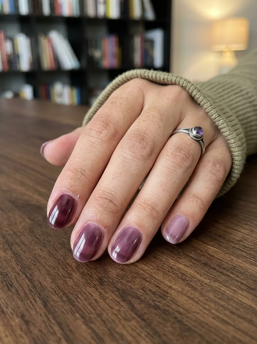Short round nails with a gradient from deep purple tips to lighter mauve at the cuticles.