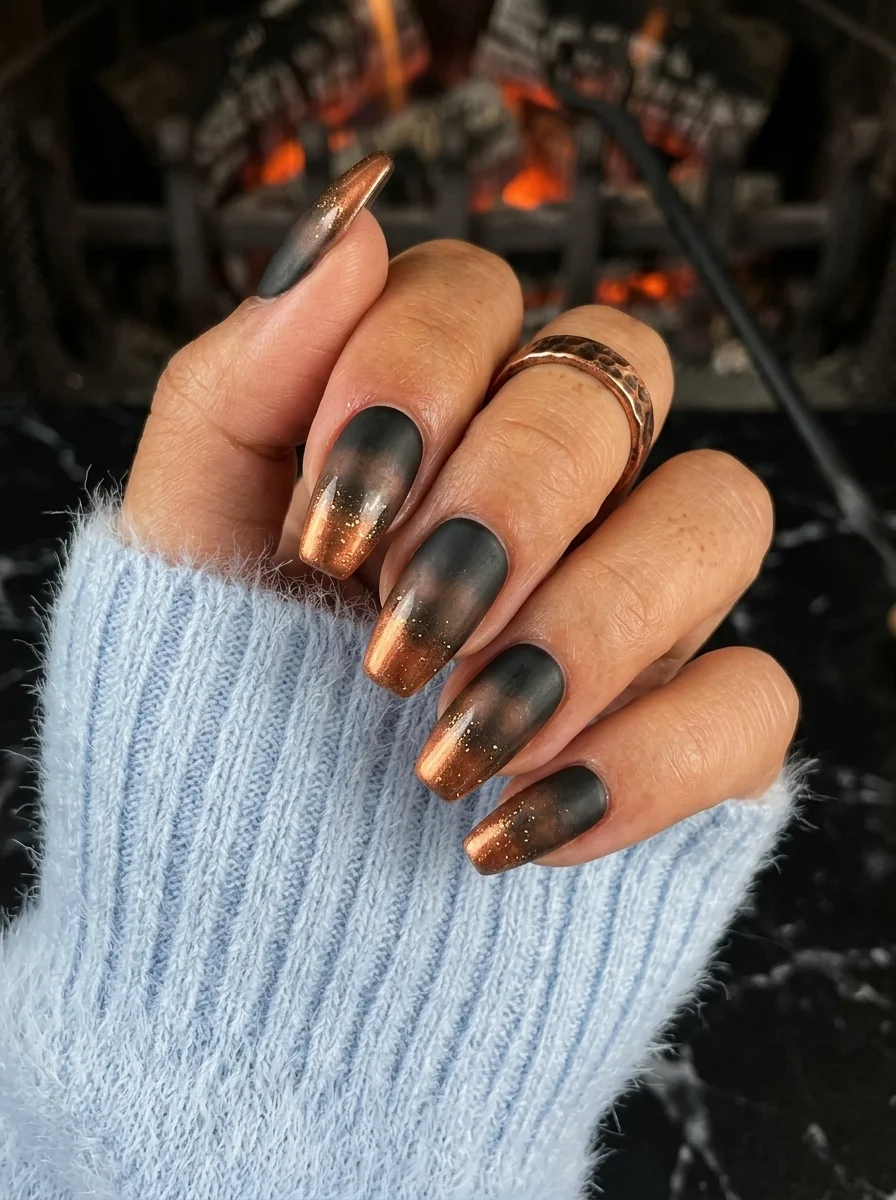 Long coffin nails with a gradient from black tips to copper and rose gold glitter at the cuticles.