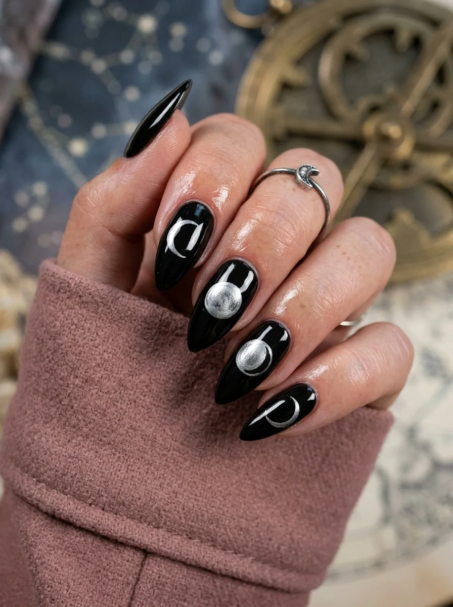 Long almond nails with a black base and silver moon phase designs including crescents and full moons.