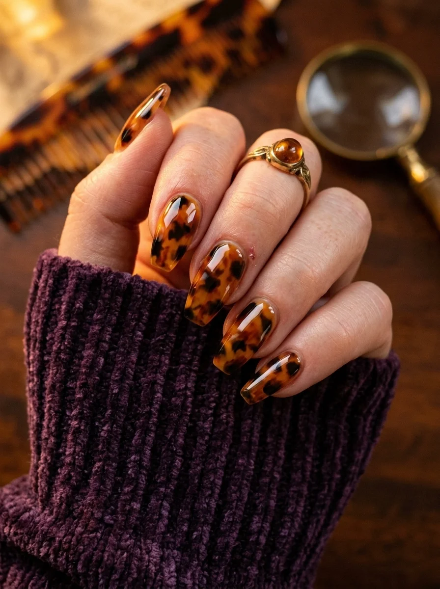 Long coffin nails with an amber and brown tortoiseshell pattern.