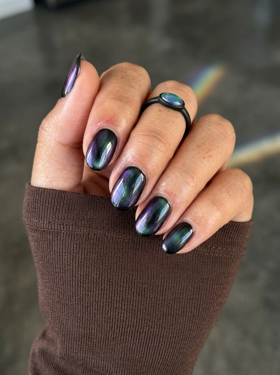 Short oval nails with an iridescent chameleon polish that shifts between purple and green.