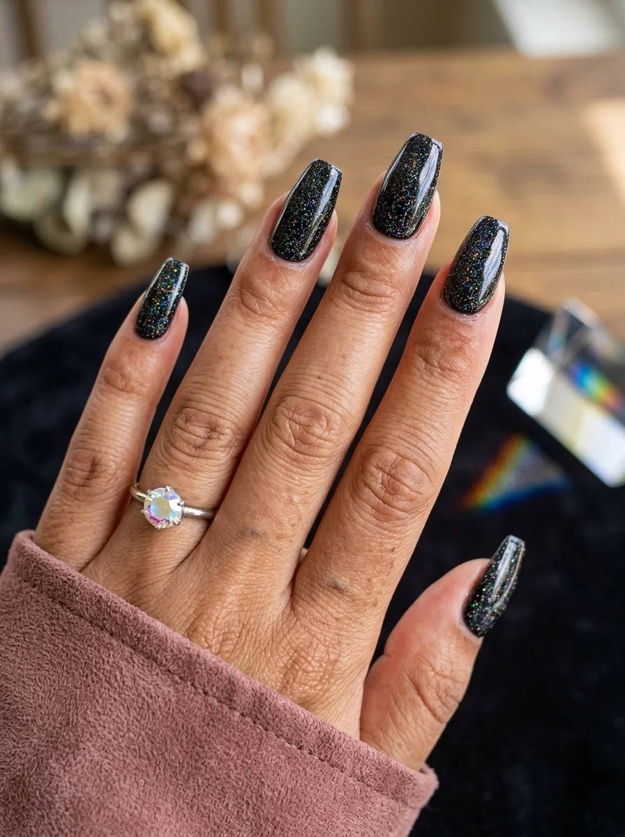 Long coffin nails with a dense black glitter finish that sparkles like a starless night sky.