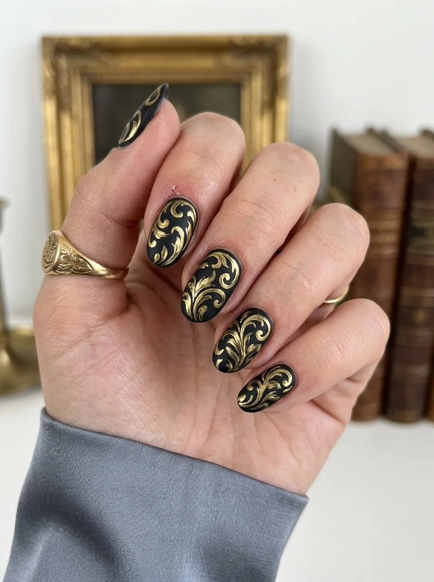 Long coffin nails with a black base and swirling gold chrome lines creating serpentine patterns.