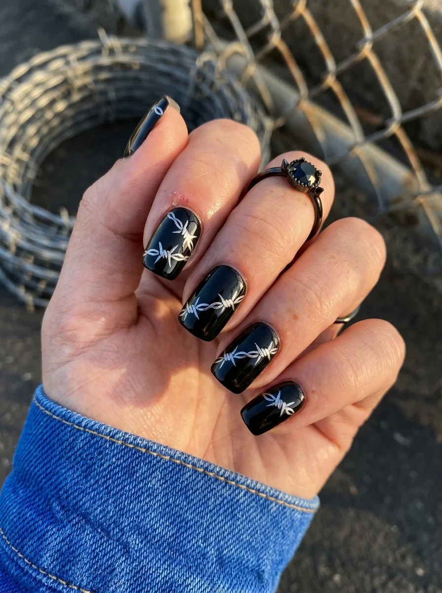 Short square black nails with white barbed wire designs painted across them.