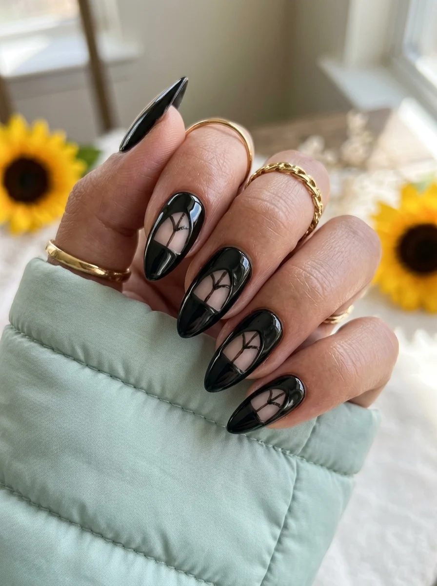 Long coffin nails with a black base and negative space heart-shaped cutouts revealing the natural nail.