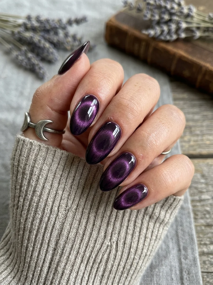Long coffin nails with a deep purple cat eye magnetic polish creating diagonal light veins.