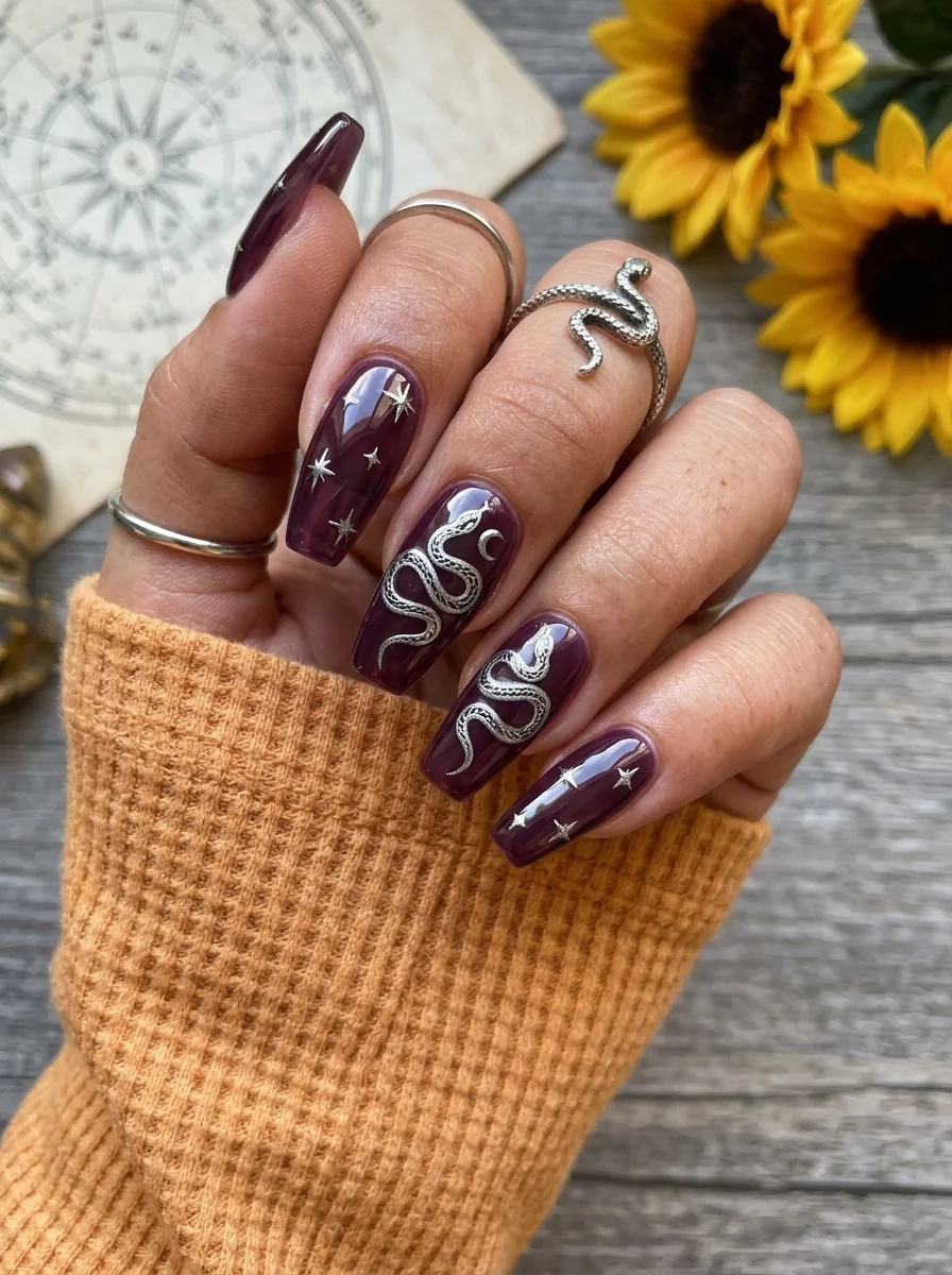Long coffin nails in deep purple with a hand-painted black snake coiling around silver star accents.