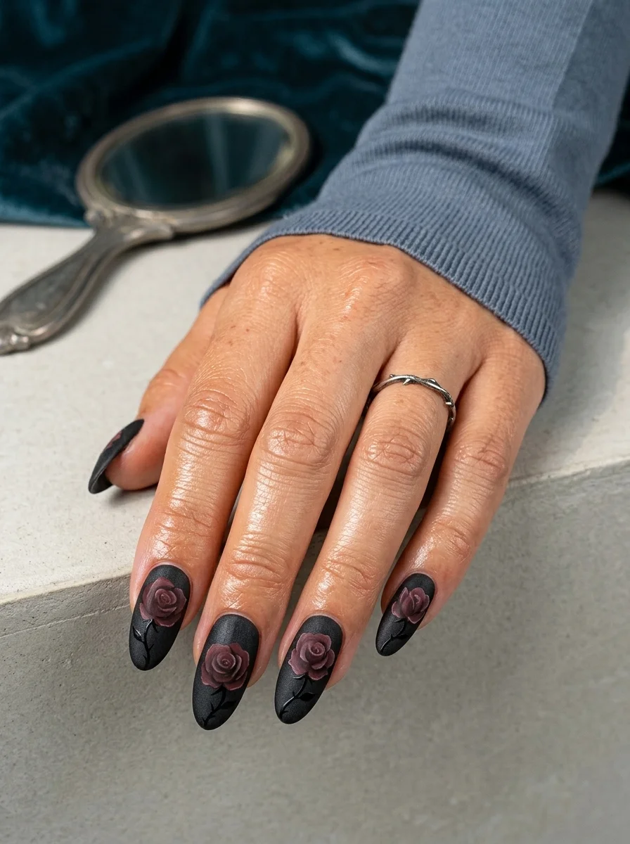 Long coffin nails with a matte black base and deep red rose illustrations on accent nails.