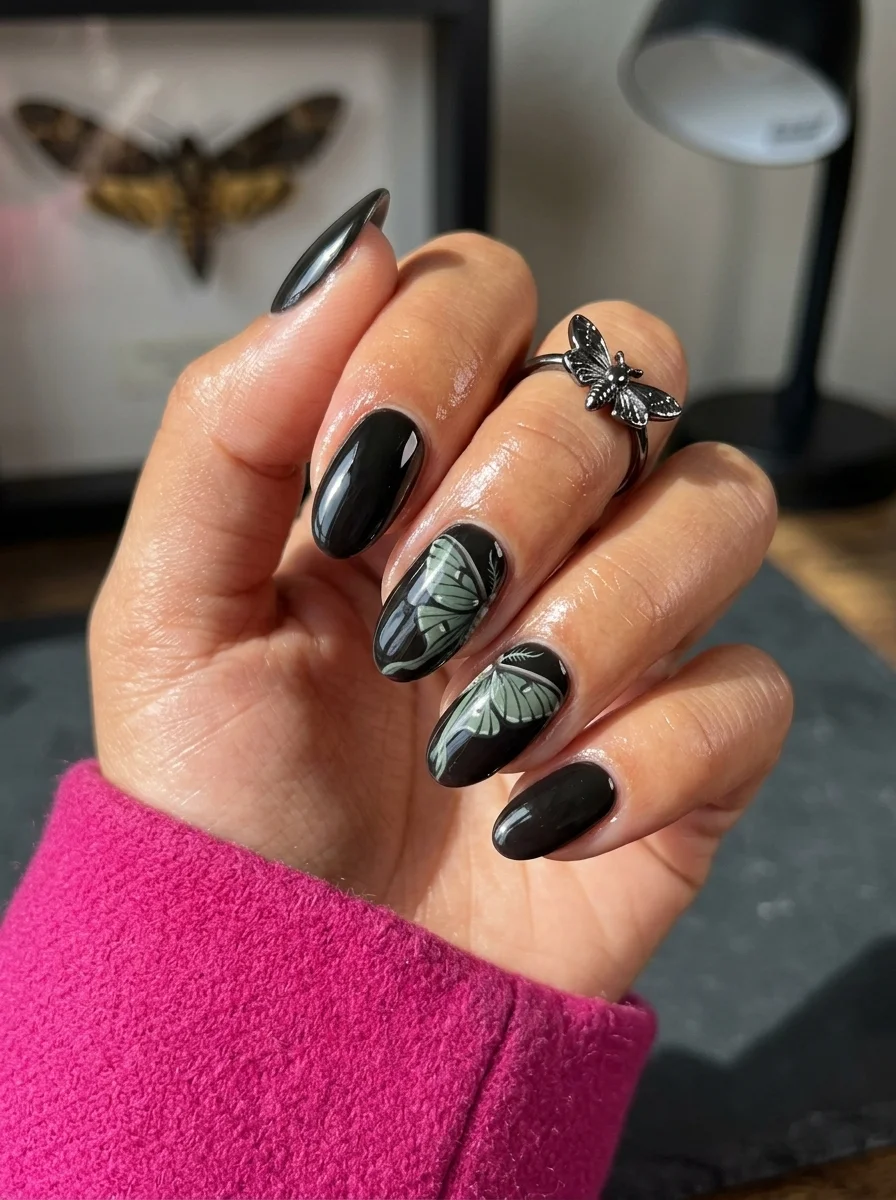 Long coffin nails with a black base and iridescent green butterfly wing patterns on accent nails.