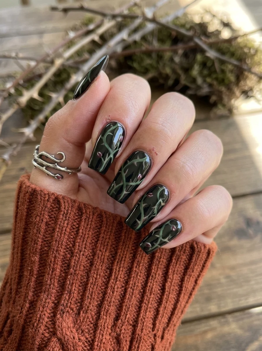 Long almond nails with a black base and dark green thorny vine patterns wrapping around each nail.