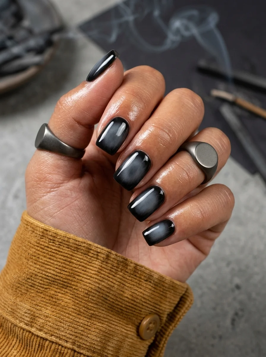 Long coffin nails with a dramatic gradient from jet black at the cuticles to stark white at the tips.