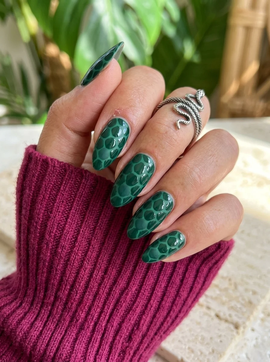 Long almond nails with a green base and darker green hexagonal snake scale pattern.