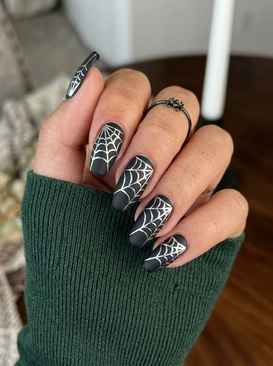 Long coffin nails with a matte black base and intricate silver spiderweb designs radiating from the cuticle.