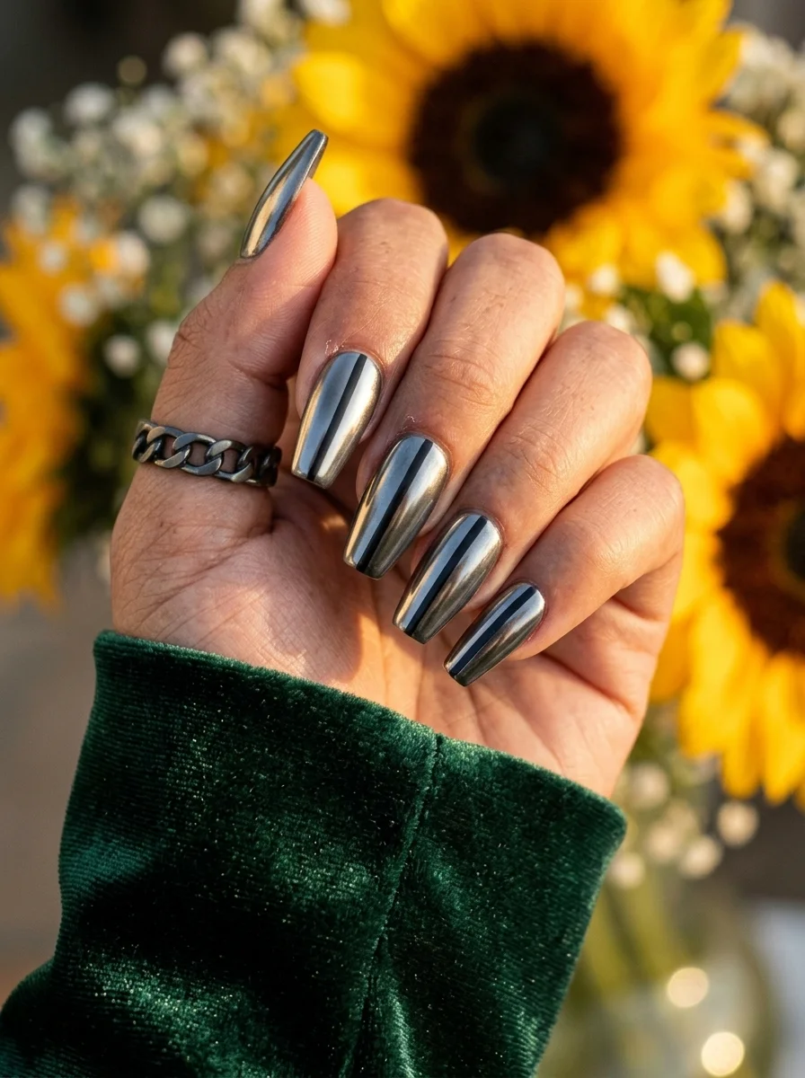 Long coffin nails with a reflective silver chrome mirror finish.