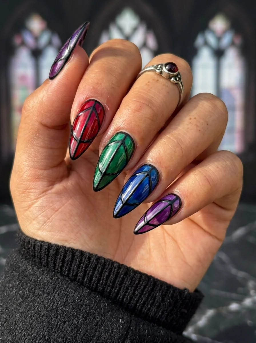 Long almond nails with colorful stained glass window effects in red, green, blue, and purple with black leading.