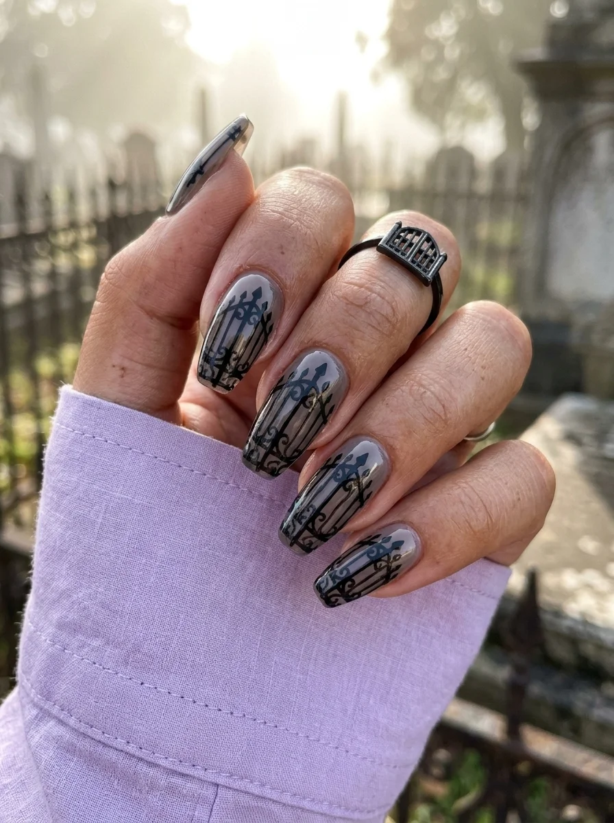 Long coffin nails with a grey smoky translucent base and black ornate iron gate designs.