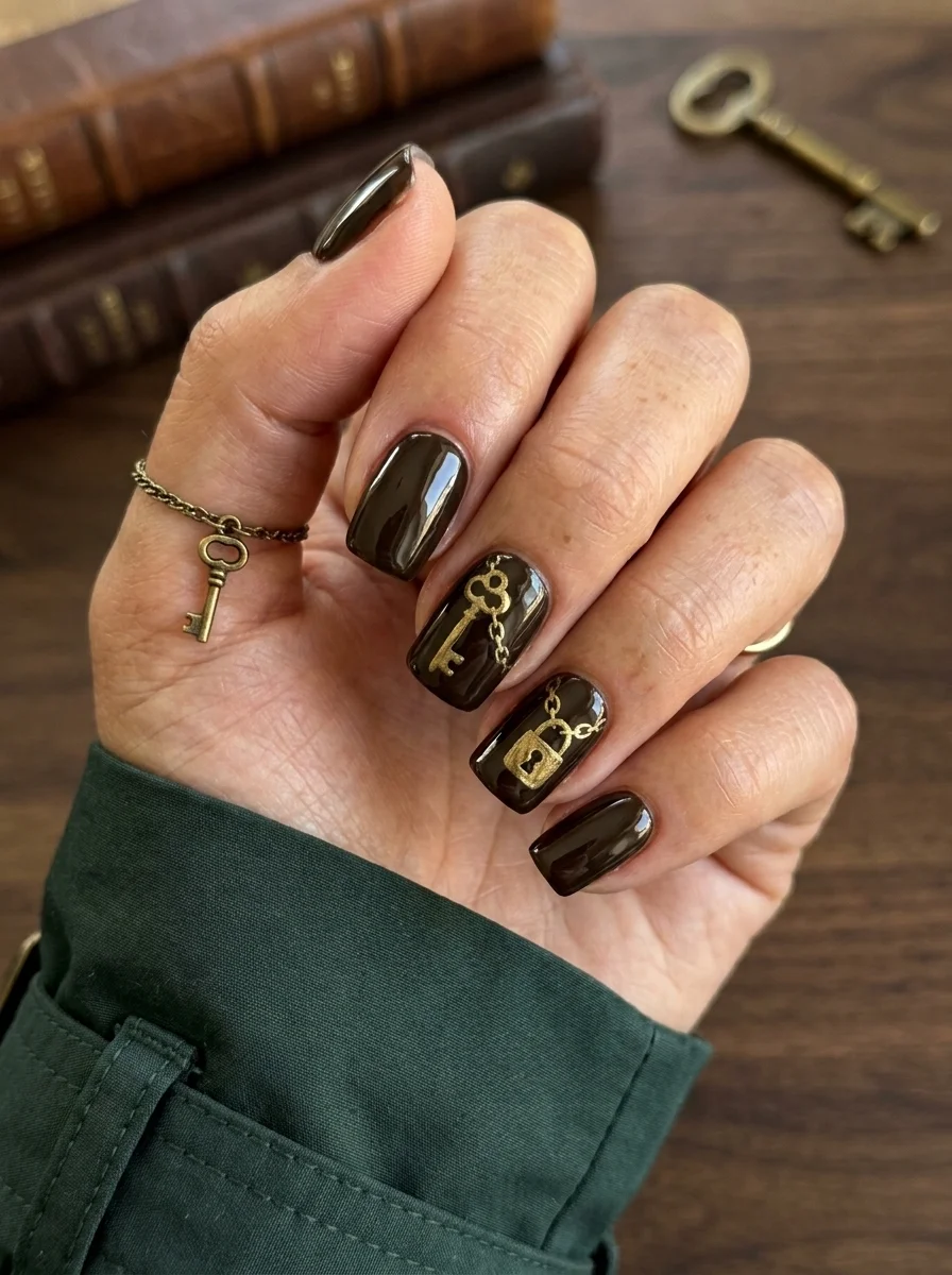 Short square black nails with gold lock and key designs on accent nails.