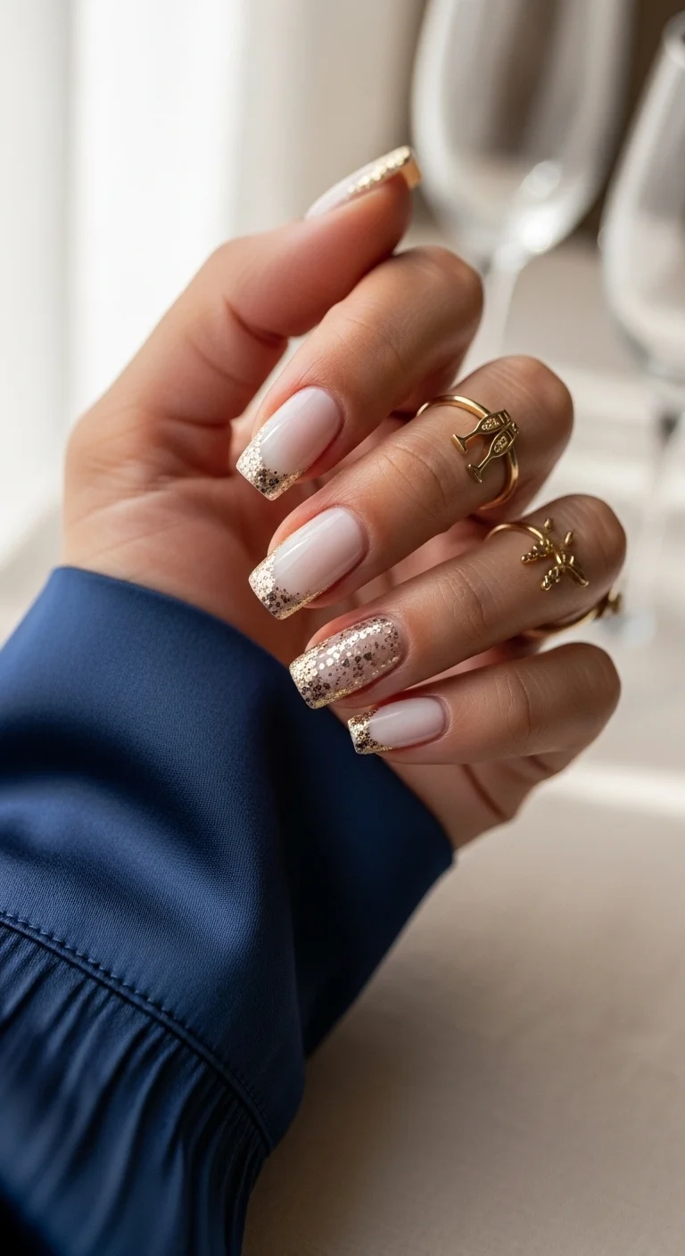 Nude nails with chunky gold and champagne glitter French tips.