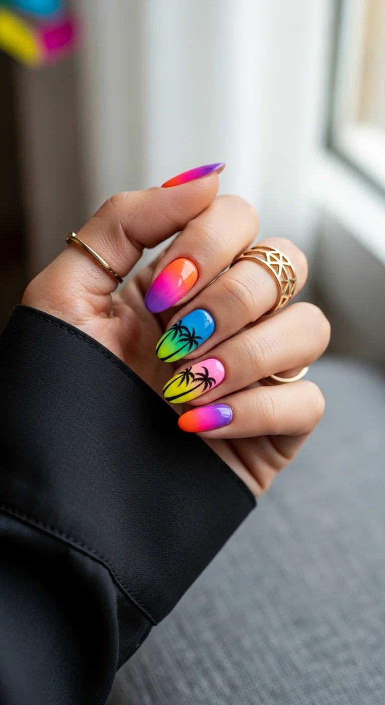 Almond nails with horizontal neons gradients and black palm tree silhouettes.