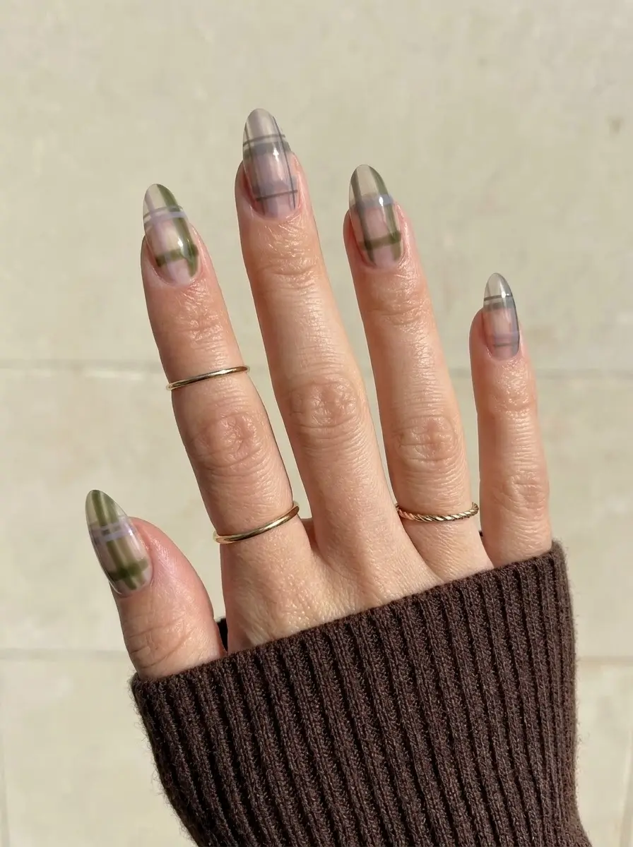 Sheer Sage Green Plaid French Nails