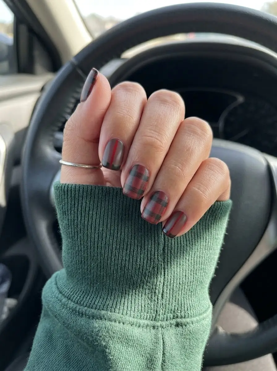 Smoky Red and Black Plaid Nails