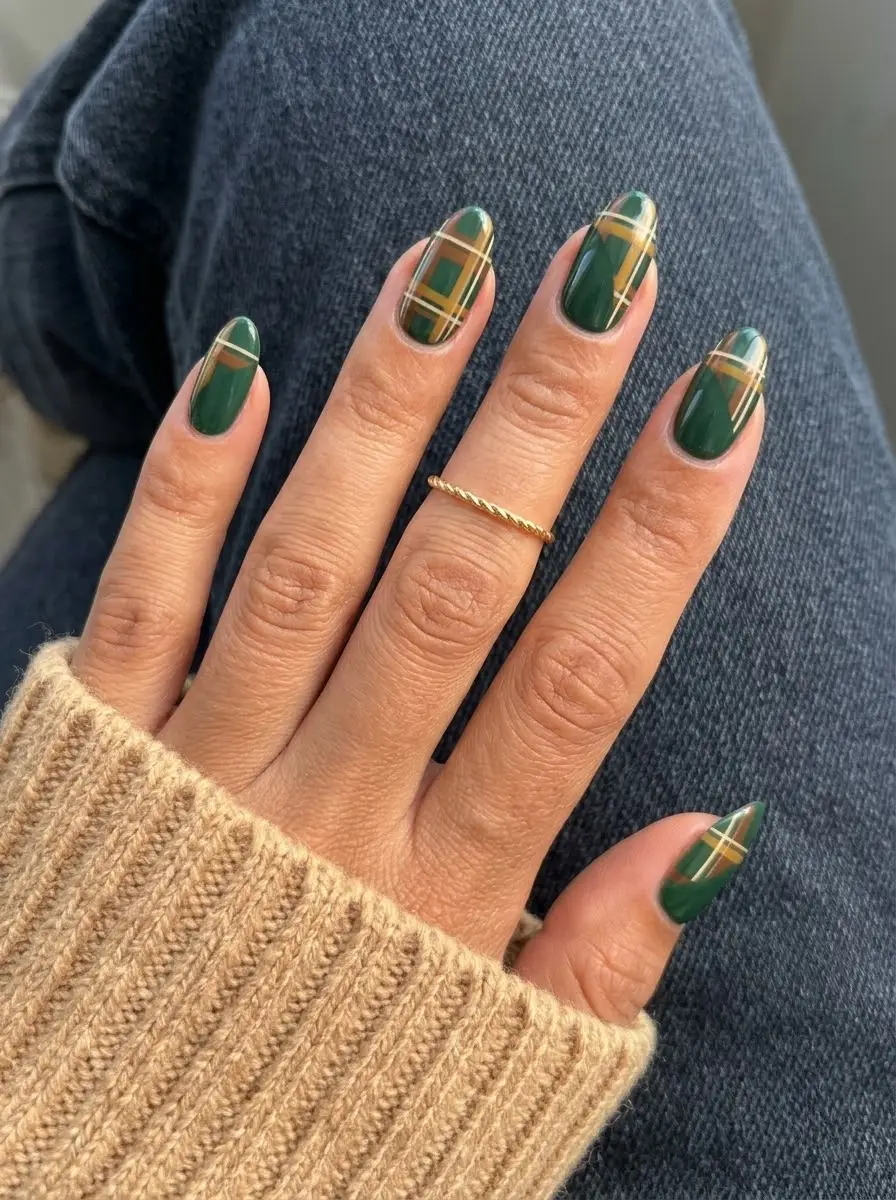 Dark Green - Mustard Yellow Plaid Nails