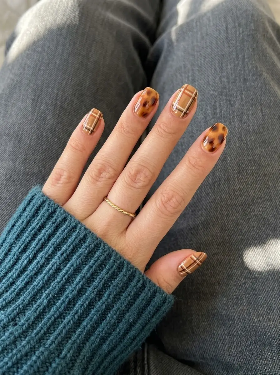 Tortoiseshell and Caramel Plaid Nails