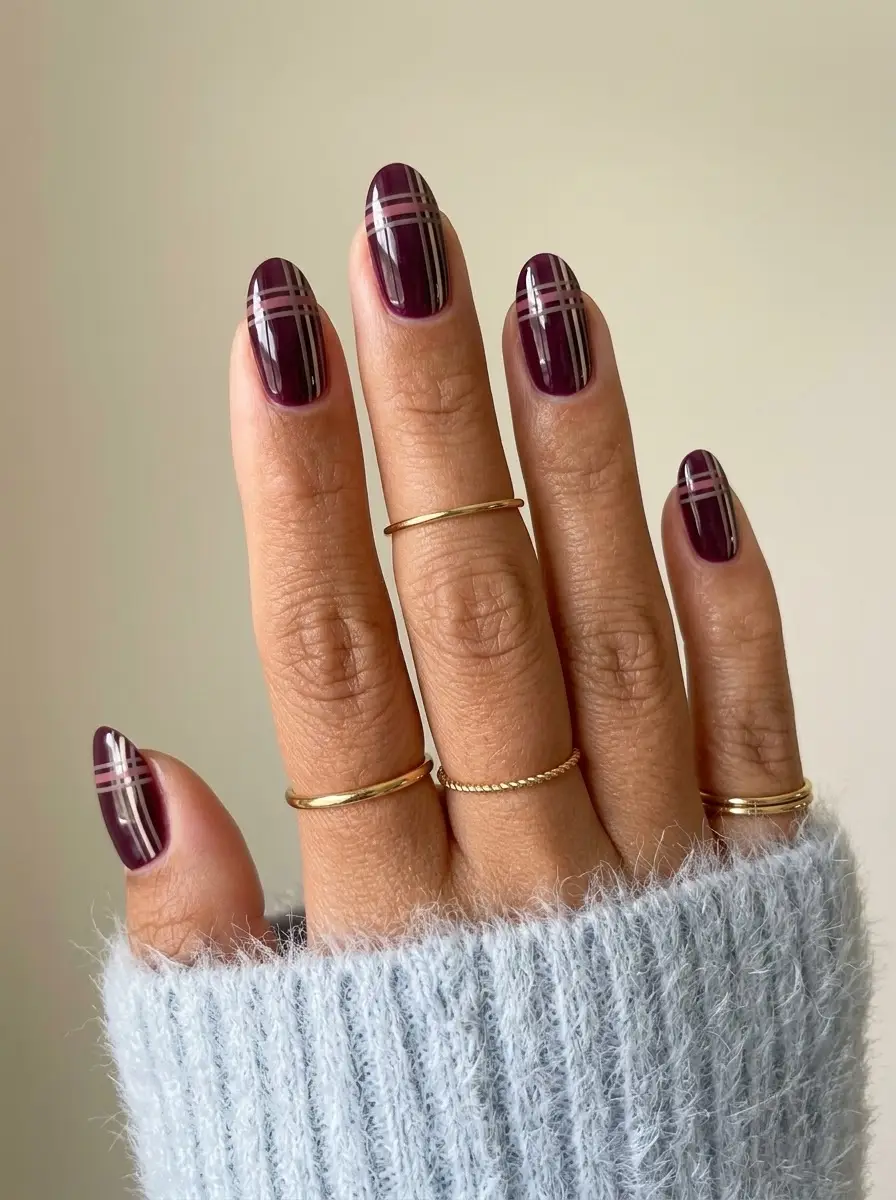 Deep Plum Plaid Nails