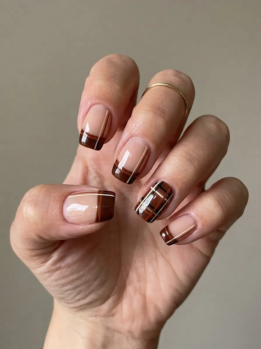 Brown Plaid French Tip Nails