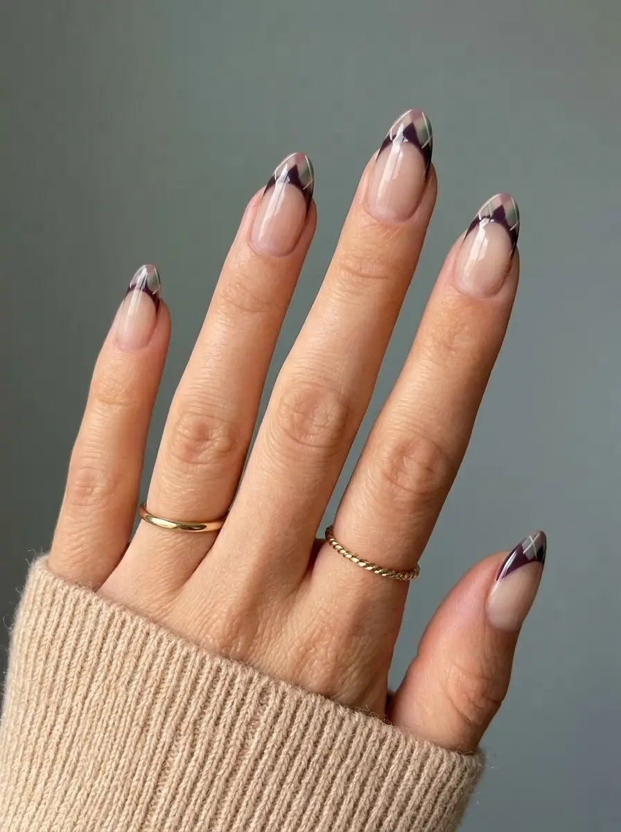 Burgundy Plaid French Tip Nails