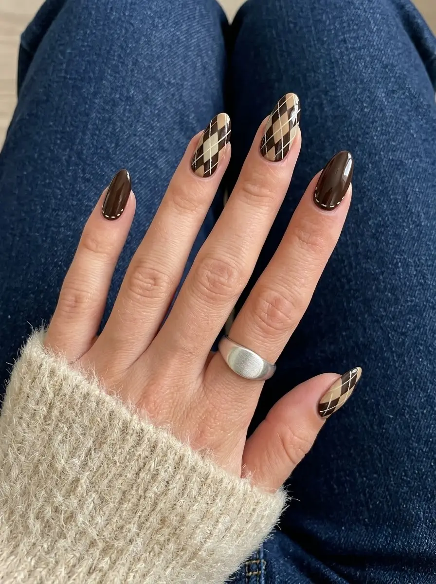 Brown and Tan Plaid Nails