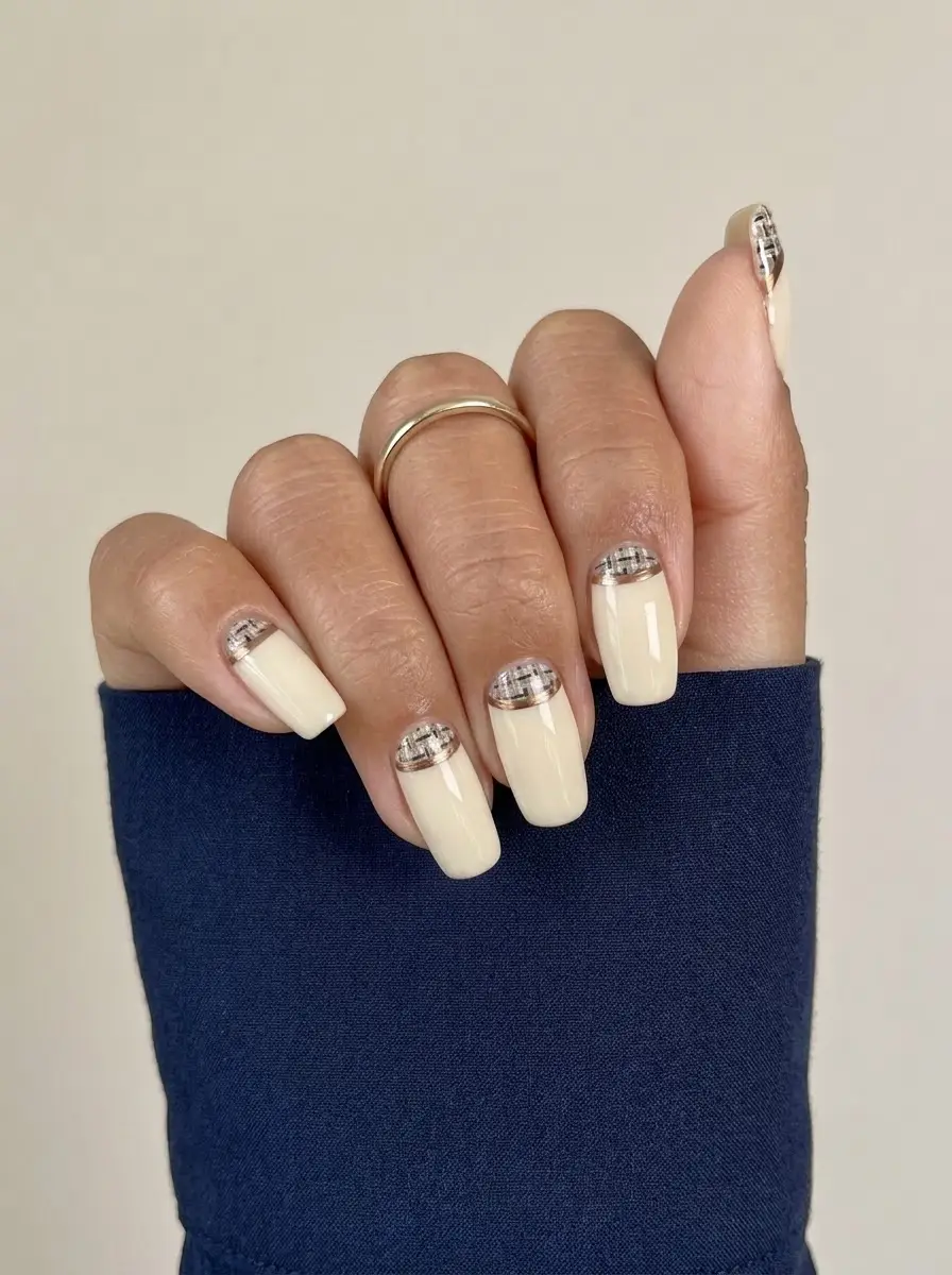 Cream Nails With Silver Plaid Half-Moon Accents