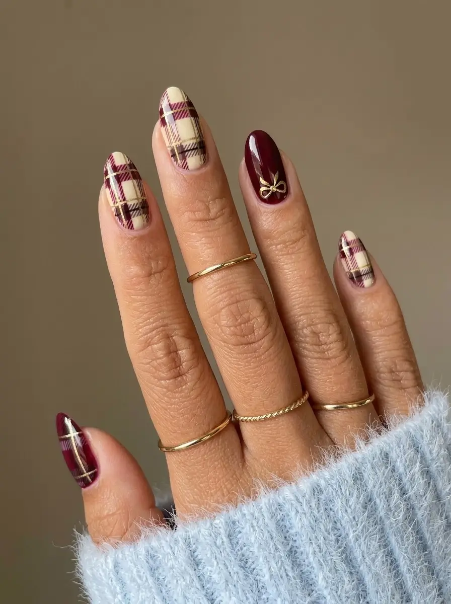 Cream and Burgundy Plaid Nails With a Bow Accent