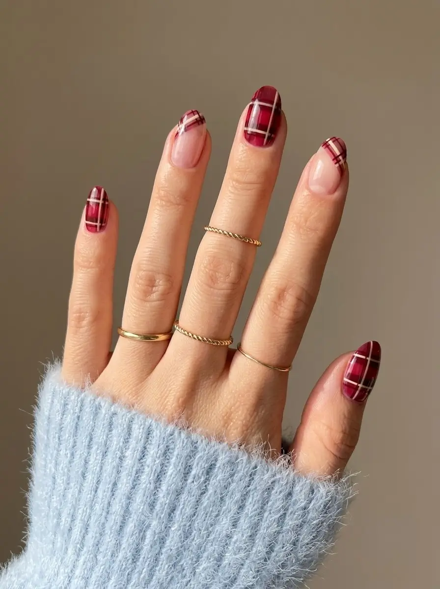 Deep Burgundy Plaid French Tip Nails