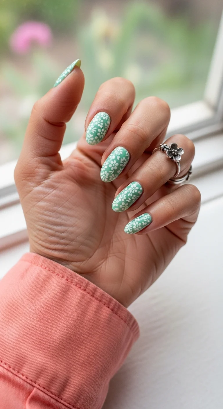 Mint green nails with tiny white daisy patterns.