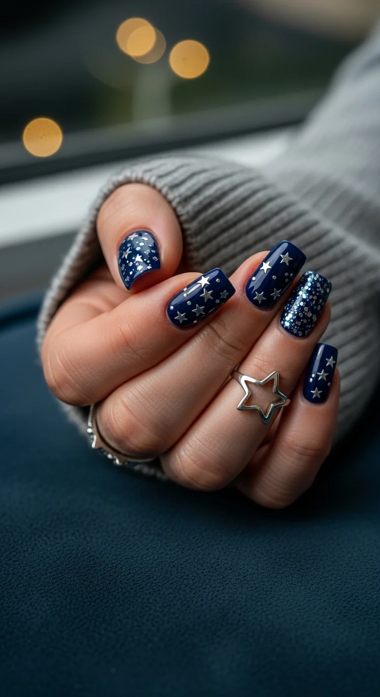 Navy blue nails with silver star and moon charms.