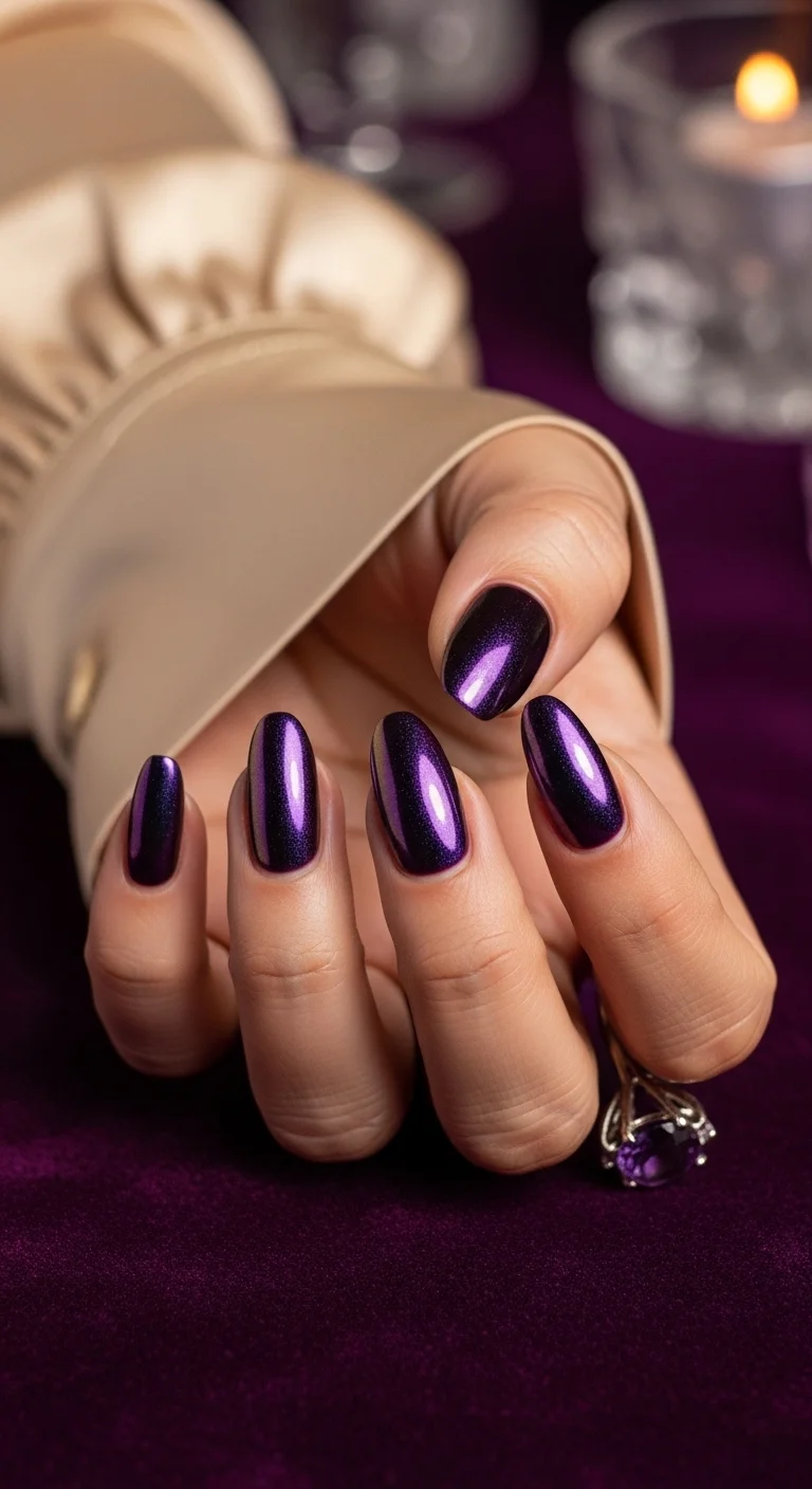 Deep purple nails with a purple chrome/magnetic finish.