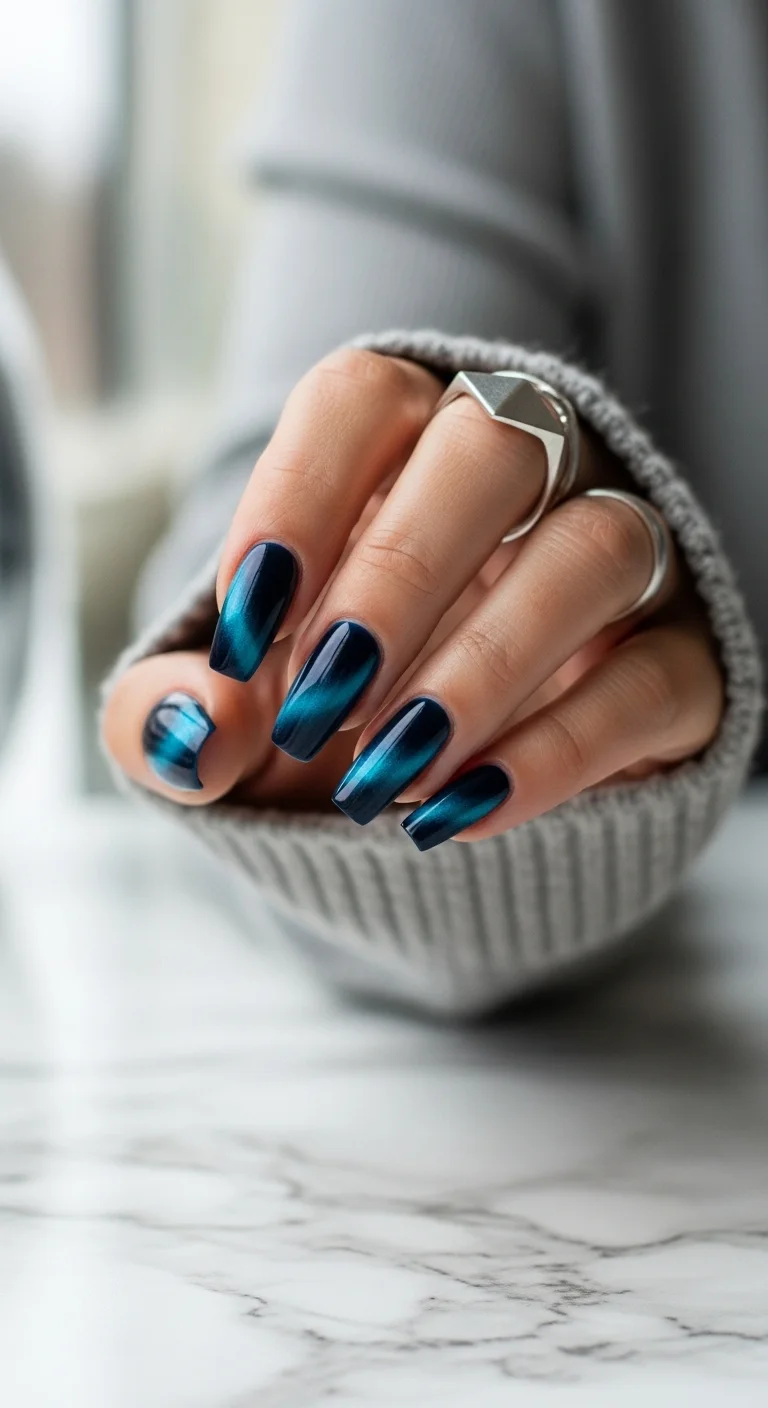 Teal and black magnetic cat-eye nails.
