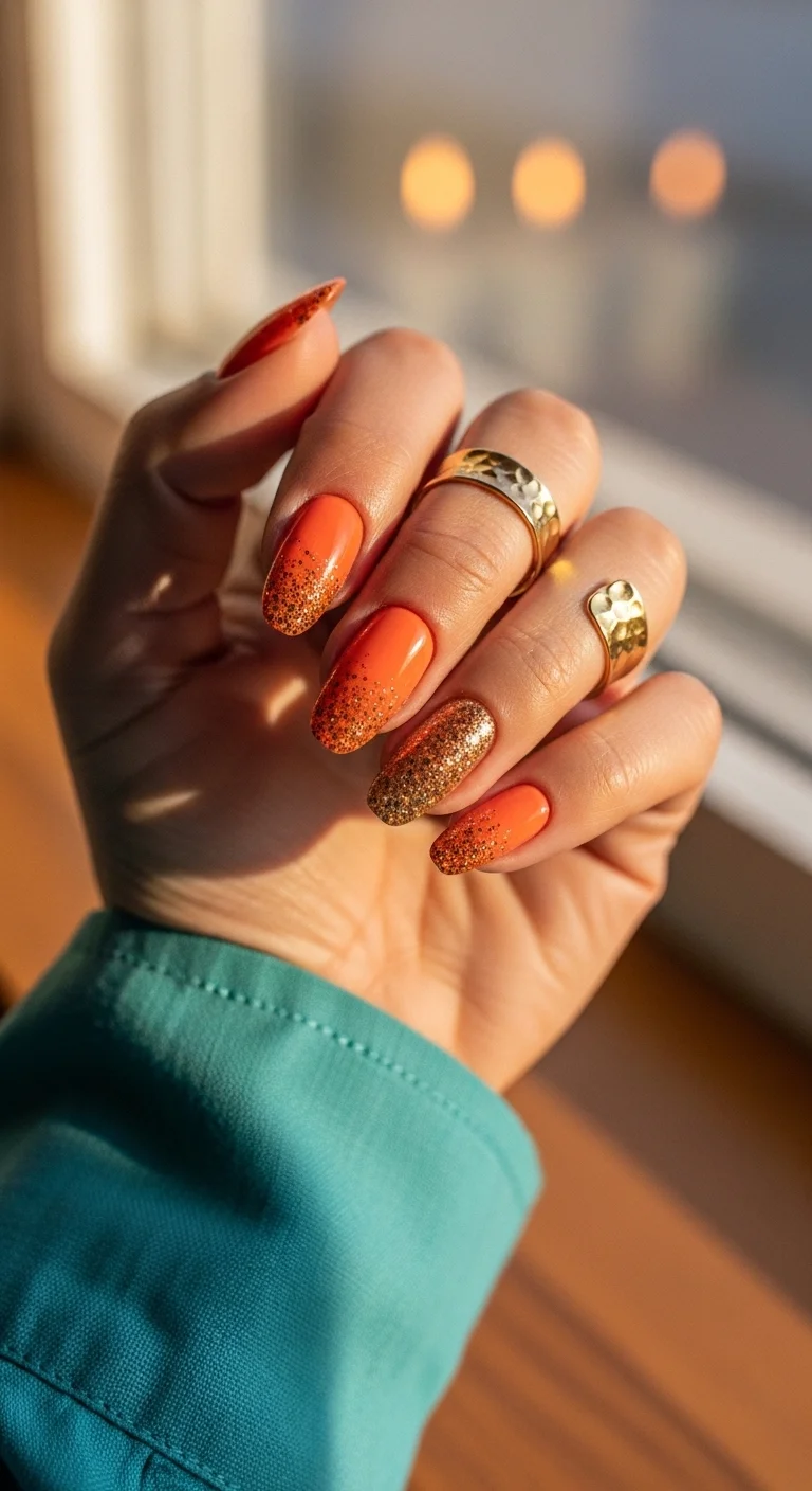 Orange nails with a copper glitter ombre.