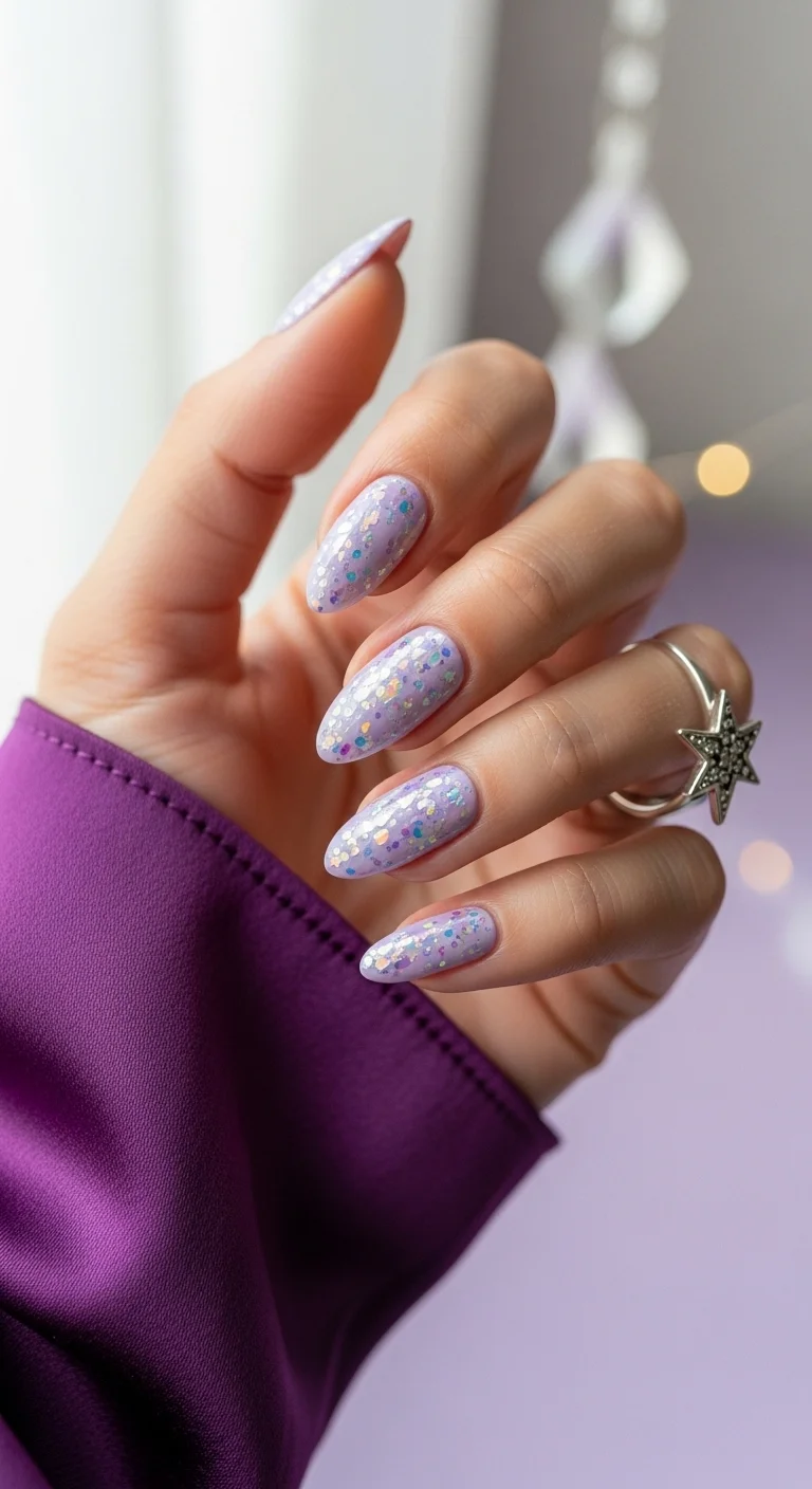 Lavender nails with chunky iridescent glitter.