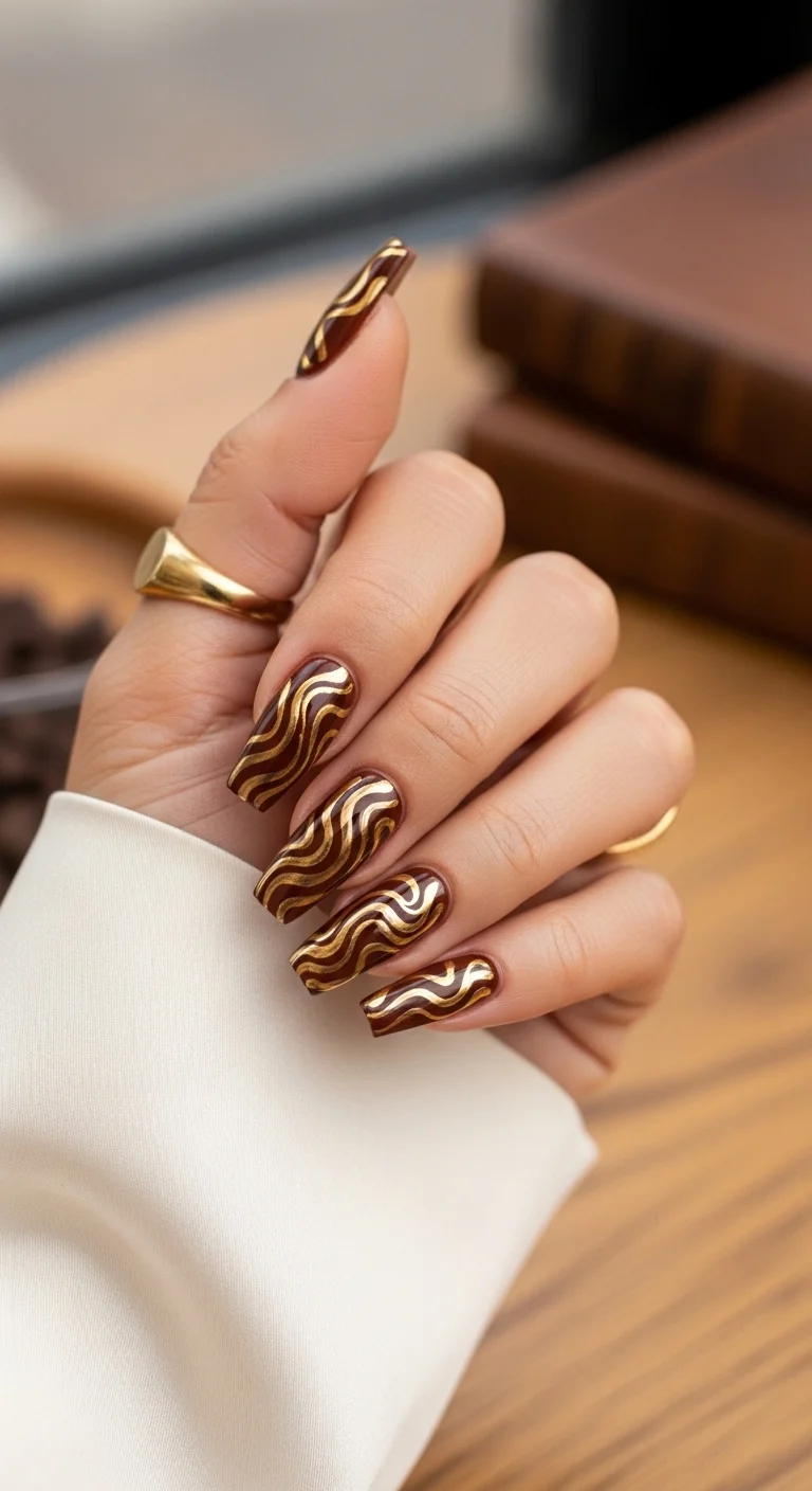 Brown nails with golden wavy swirl patterns.