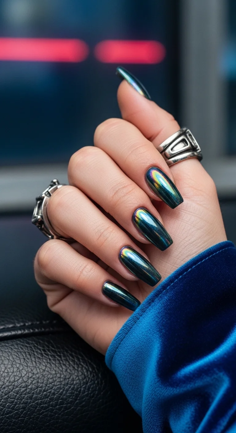 Dark teal nails with a holographic oil-slick effect.