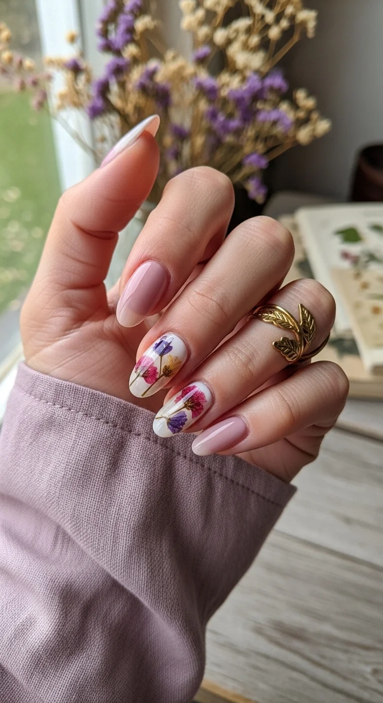 Milky pink nails with real dried flowers encapsulated.