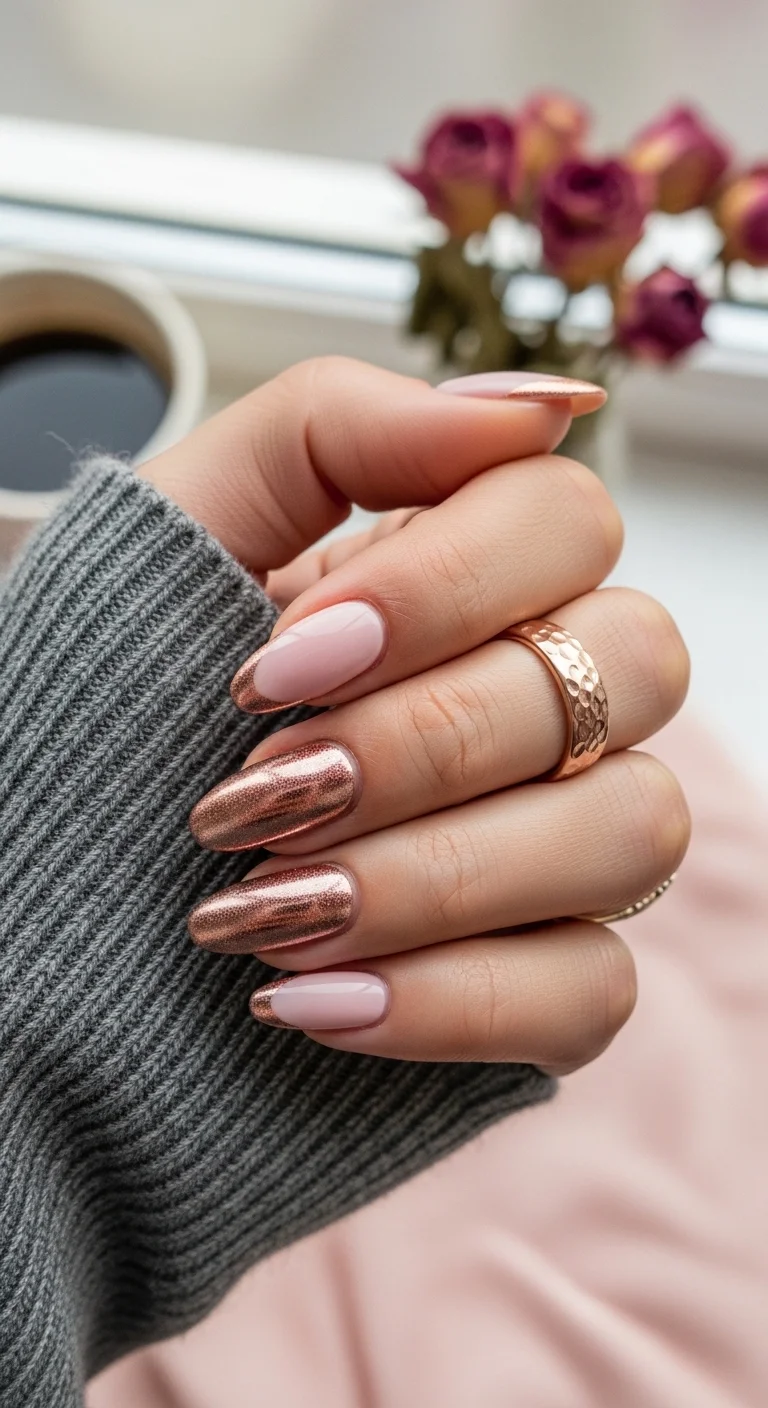Nude nails with metallic rose gold French tips.