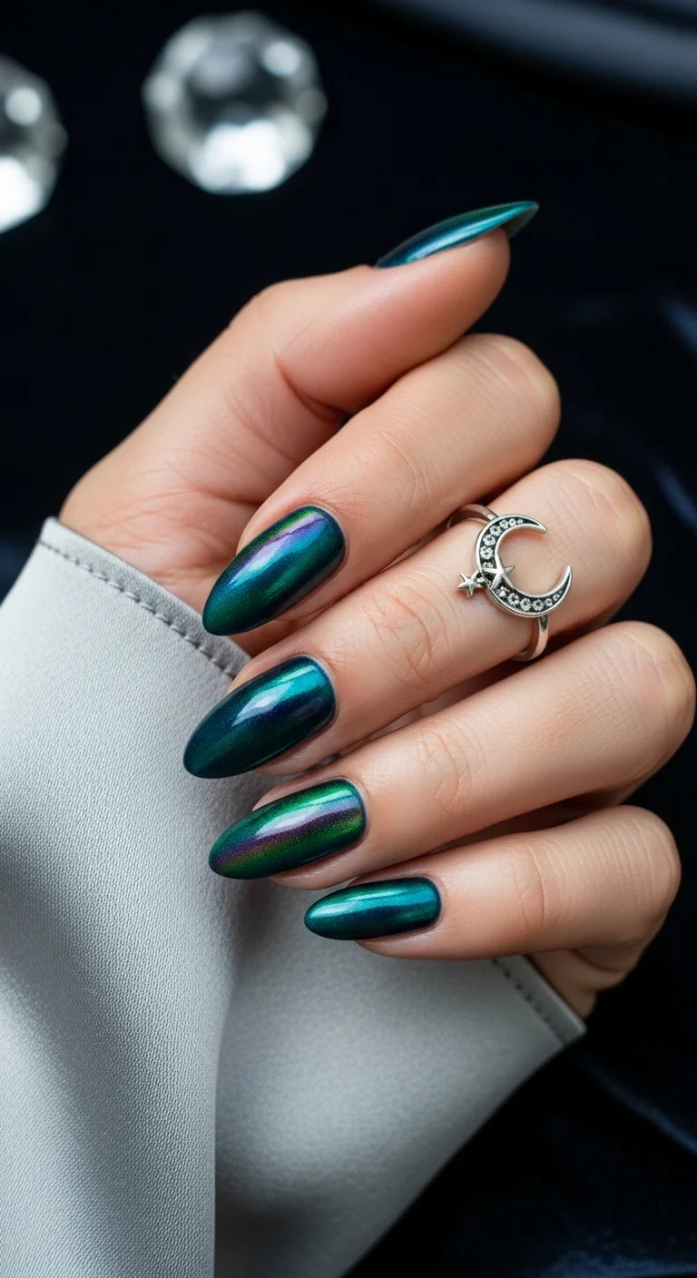 Dark green and purple color-shifting chrome nails.