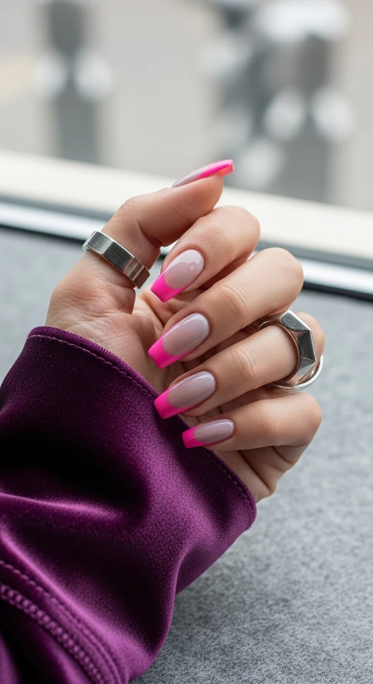 Nude nails with hot pink French tips.